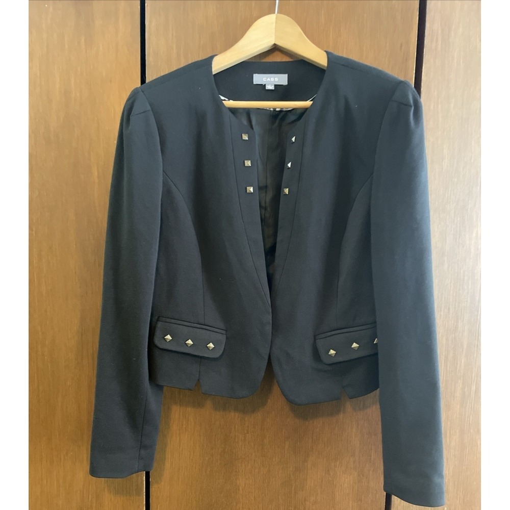 CASS Women Black Blazer L‎ Open Front Studded Detail Short Collarless